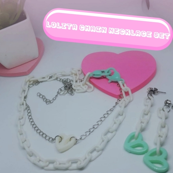 Handmade Jewelry - Lolita White and Teal Layered Chain Necklace/Choker with Dangle Chain Earrings
